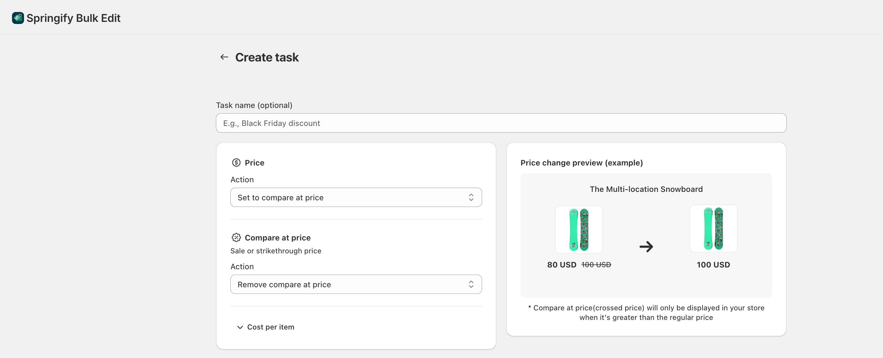 Springify task settings with Price set to Compare at price and Compare at price removed