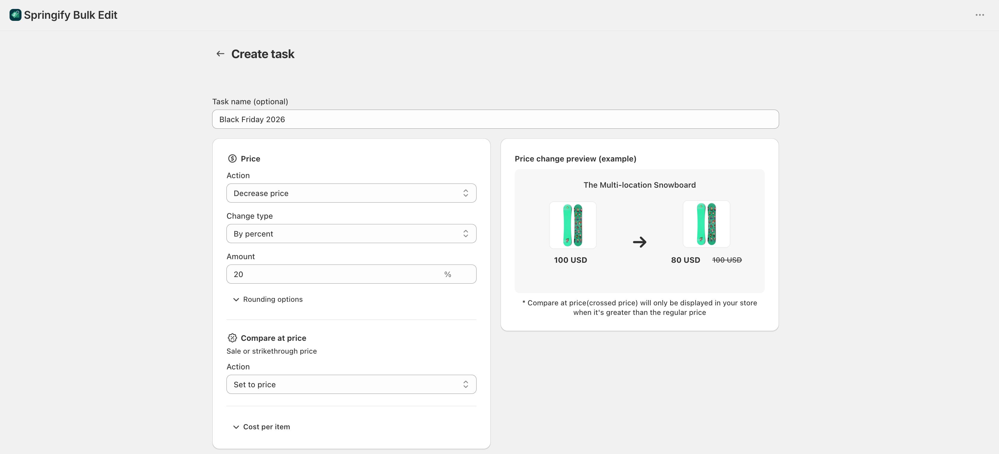 Springify task settings with Price decreased by 20 percent and Compare at price set to the original Price
