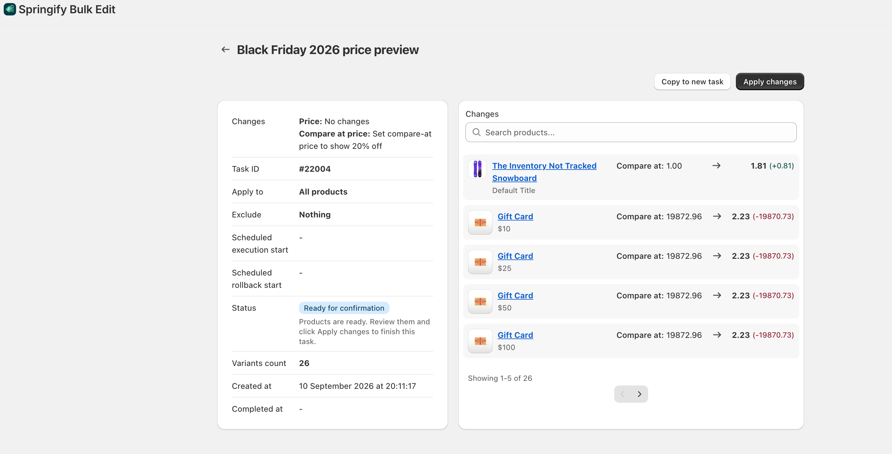 Springify task preview showing affected variants, current and new prices, and the Apply changes button