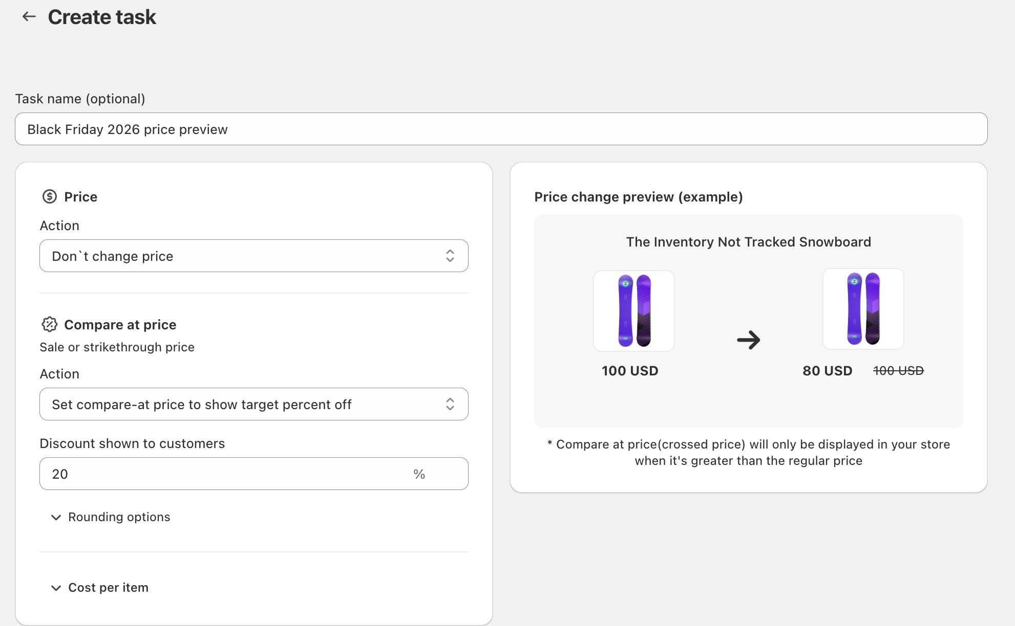 Springify Compare-at price settings using Set compare-at price to show target percent off with a 20 percent customer discount