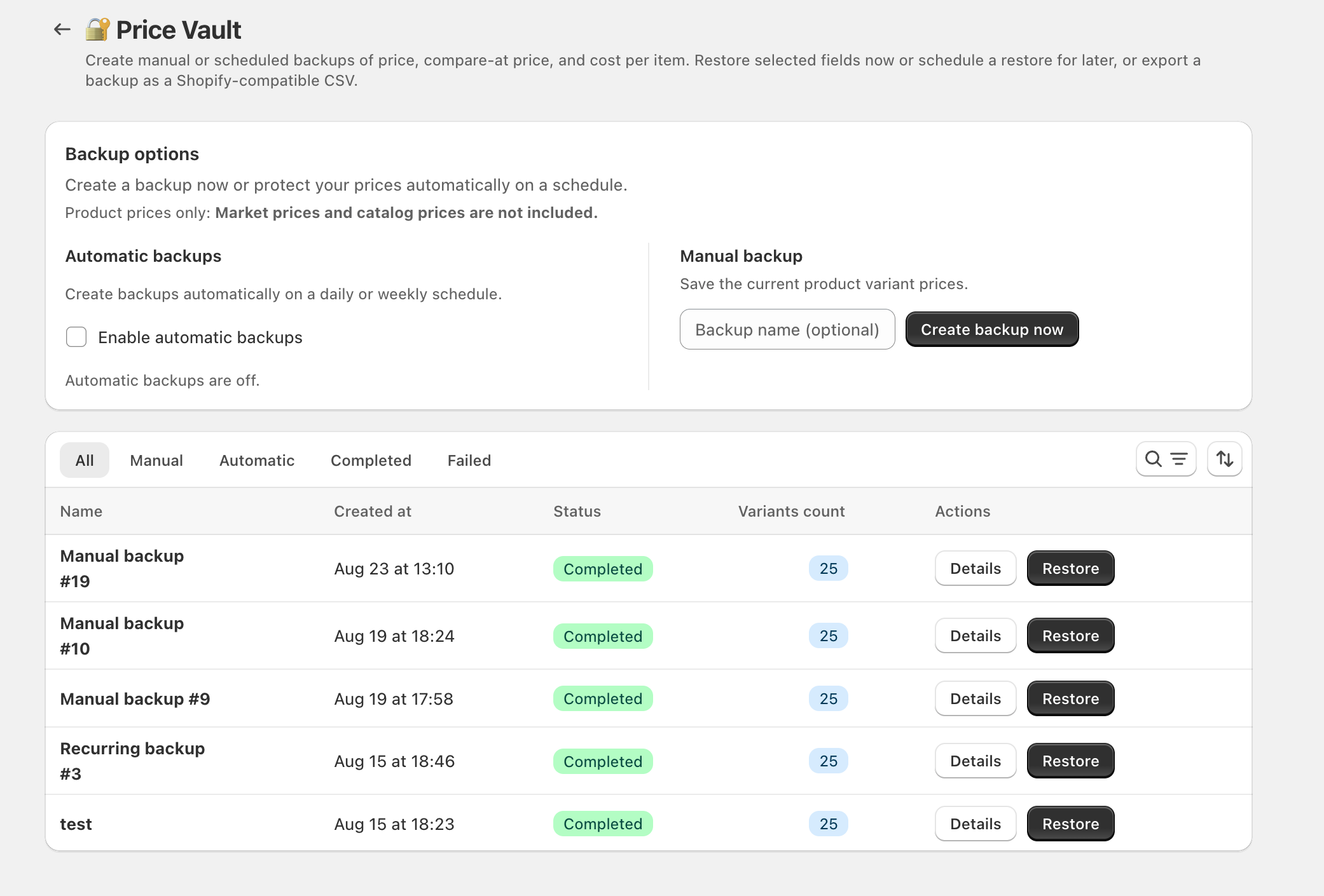 Springify Price Vault with completed pricing backups and Restore actions