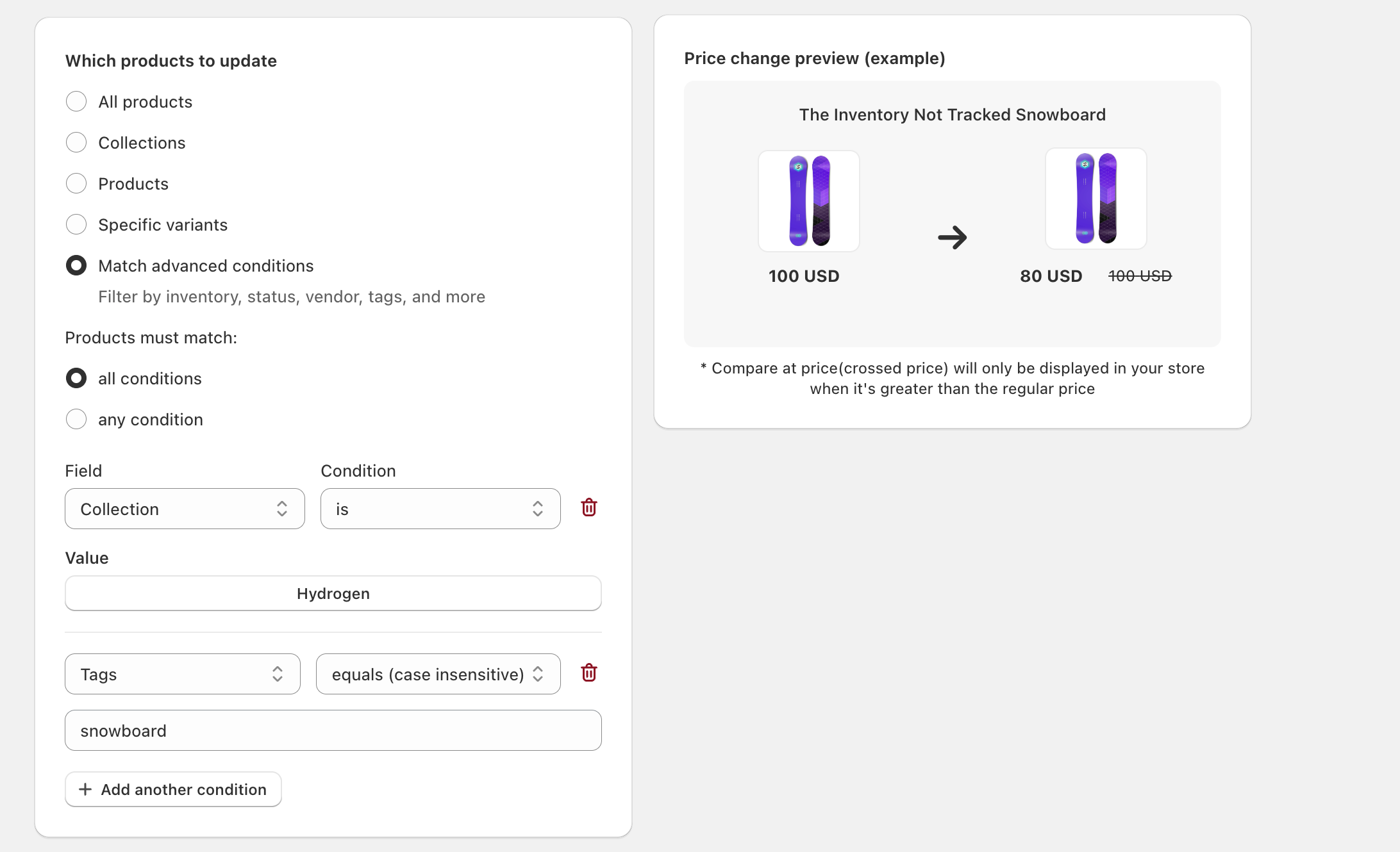 Springify Match advanced conditions with all conditions, Collection Hydrogen, and Tags snowboard populated