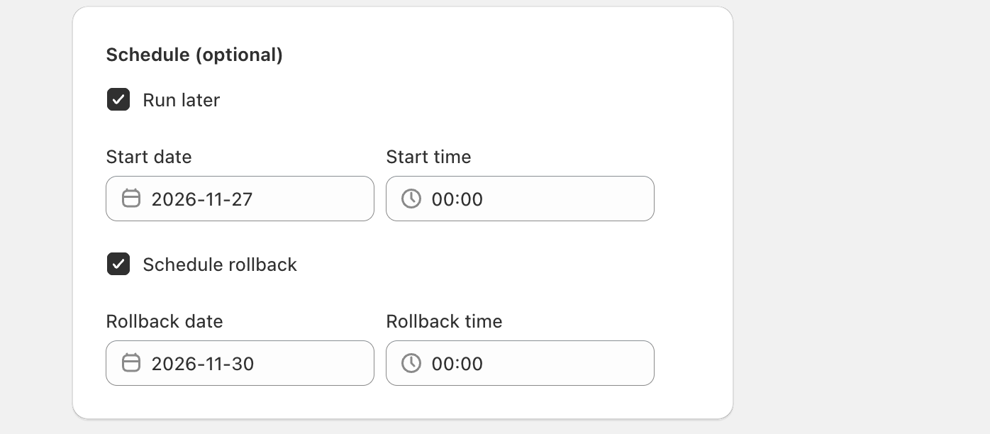Springify scheduling settings with Run later and Schedule rollback enabled, starting November 27 2026 and rolling back November 30 2026 at midnight